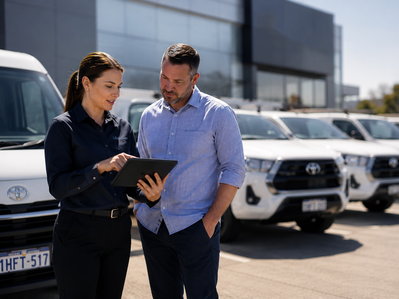 Dealership lady tablet man